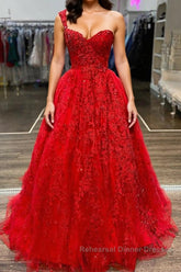 One Shoulder Red Lace Semi Formal Prom Dresses, One Shoulder Red Lace Formal Evening Dresses